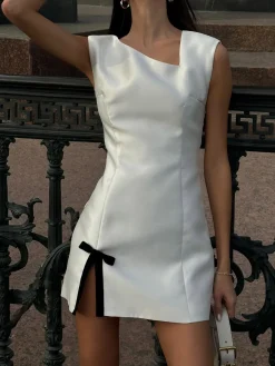 COMMENSE Asymmetrical Bow Decor Split Short Dress* White Dresses|Casual Dresses