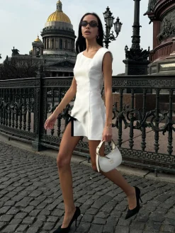 COMMENSE Asymmetrical Bow Decor Split Short Dress* White Dresses|Casual Dresses