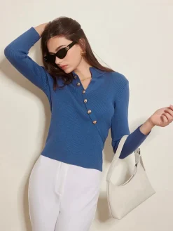 COMMENSE Asymmetrical Breasted Slim Polo Sweater* Sweater Tops|Sweaters & Cardigans