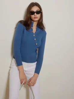 COMMENSE Asymmetrical Breasted Slim Polo Sweater* Sweater Tops|Sweaters & Cardigans