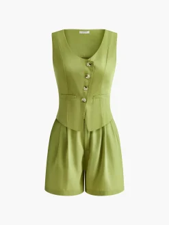 COMMENSE Asymmetrical Button Pleated Shorts Set* Matching Sets