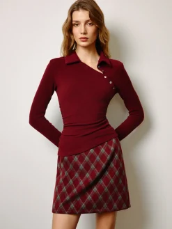 COMMENSE Asymmetrical Button Skinny Polo Blouse* Tops