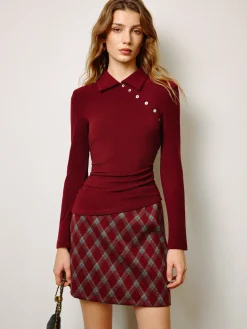 COMMENSE Asymmetrical Button Skinny Polo Blouse* Tops