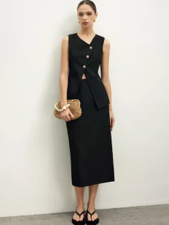 COMMENSE Asymmetrical Button Top A Line Skirt set* Skirt Sets|Long Sleeve Sets