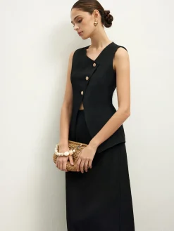 COMMENSE Asymmetrical Button Top  A Line Skirt set* Skirt Sets|Long Sleeve Sets