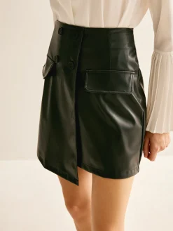 COMMENSE Asymmetrical Button Zipper PU Skirt* Skirts|Bottoms