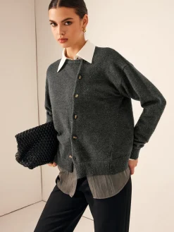 COMMENSE Asymmetrical Button-Down Crew Neck Cardigan* Cardigans|Sweaters & Cardigans