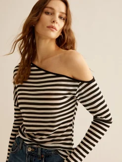 COMMENSE Asymmetrical Collar Striped T-Shirt* T-shirts|Tops