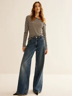COMMENSE Asymmetrical Collar Striped T-Shirt* T-shirts|Tops