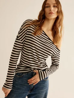 COMMENSE Asymmetrical Collar Striped T-Shirt* T-shirts|Tops