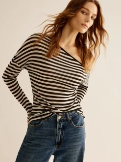 COMMENSE Asymmetrical Collar Striped T-Shirt* T-shirts|Tops