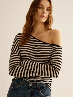 COMMENSE Asymmetrical Collar Striped T-Shirt* T-shirts|Tops