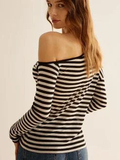COMMENSE Asymmetrical Collar Striped T-Shirt* T-shirts|Tops