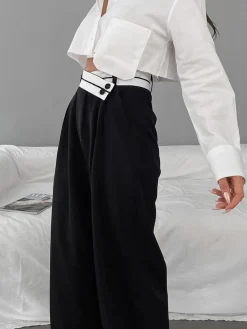 COMMENSE Asymmetrical Contrast Waistband Wide Leg Dress Pants* Wide Leg|Pants