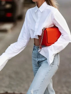 COMMENSE Asymmetrical Cotton Crop Shirt* Crop Tops|Blouses & Shirts