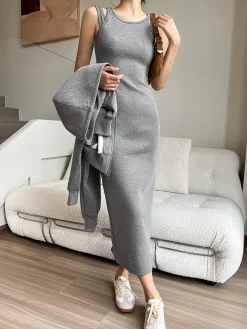 COMMENSE Asymmetrical Crew Neck Split Maxi Dress* Black Dresses|Long Sleeve Sets