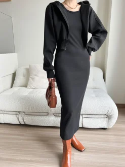 COMMENSE Asymmetrical Crew Neck Split Maxi Dress* Black Dresses|Long Sleeve Sets