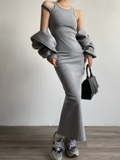 COMMENSE Asymmetrical Crew Neck Split Maxi Dress* Black Dresses|Long Sleeve Sets