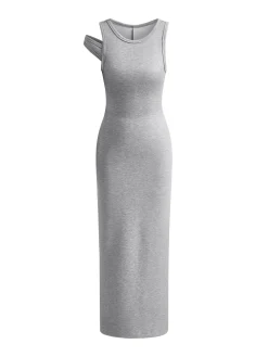 COMMENSE Asymmetrical Crew Neck Split Maxi Dress* Black Dresses|Long Sleeve Sets