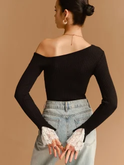 COMMENSE Asymmetrical Lace-Cuff Slim Sweater* Sweater Tops|Sweaters & Cardigans