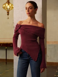 COMMENSE Asymmetrical Lettuce Trim Ruched Floral Knit Top* Knitwear|Tops