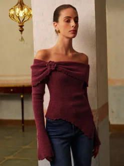 COMMENSE Asymmetrical Lettuce Trim Ruched Floral Knit Top* Knitwear|Tops