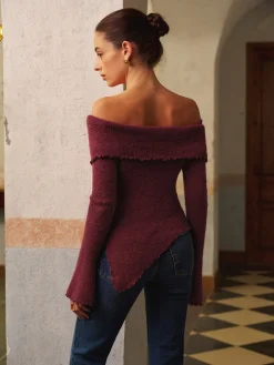 COMMENSE Asymmetrical Lettuce Trim Ruched Floral Knit Top* Knitwear|Tops