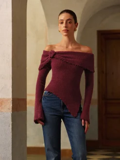 COMMENSE Asymmetrical Lettuce Trim Ruched Floral Knit Top* Knitwear|Tops