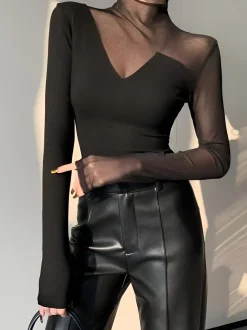 COMMENSE Asymmetrical Mesh Panel T-Shirt* T-shirts|Tops