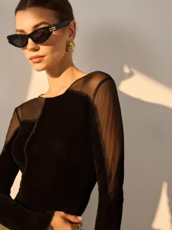 COMMENSE Asymmetrical Mesh-Detail Velvet Top* T-shirts
