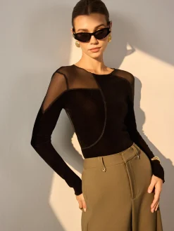 COMMENSE Asymmetrical Mesh-Detail Velvet Top* T-shirts
