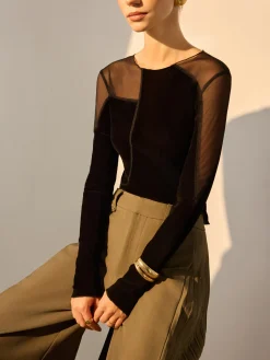 COMMENSE Asymmetrical Mesh-Detail Velvet Top* T-shirts