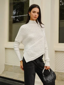 COMMENSE Asymmetrical Mock-Neck Zipper Sweater* Sweater Tops|Sweaters & Cardigans