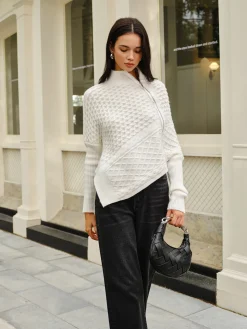 COMMENSE Asymmetrical Mock-Neck Zipper Sweater* Sweater Tops|Sweaters & Cardigans