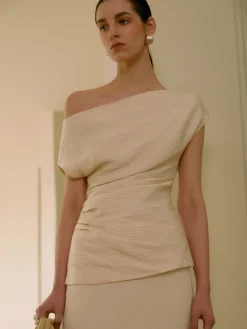 COMMENSE Asymmetrical Neck One Shoulder Off Pleated Blouse* Blouses & Shirts|Tops
