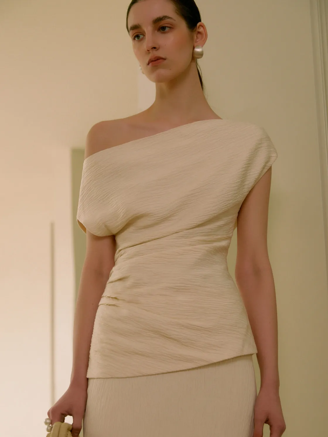 COMMENSE Asymmetrical Neck One Shoulder Off Pleated Blouse* Blouses & Shirts|Tops
