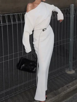 COMMENSE Asymmetrical Off Shoulder Solid Long Sleeve Maxi Dress* White Dresses|Black Dresses