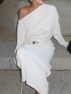 COMMENSE Asymmetrical Off Shoulder Solid Long Sleeve Maxi Dress* White Dresses|Black Dresses