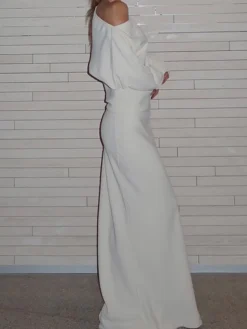 COMMENSE Asymmetrical Off Shoulder Solid Long Sleeve Maxi Dress* White Dresses|Black Dresses