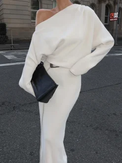 COMMENSE Asymmetrical Off Shoulder Solid Long Sleeve Maxi Dress* Casual Dresses|Work Dresses