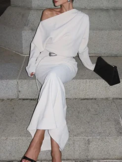 COMMENSE Asymmetrical Off Shoulder Solid Long Sleeve Maxi Dress* Casual Dresses|Work Dresses