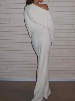 COMMENSE Asymmetrical Off Shoulder Solid Long Sleeve Maxi Dress* Casual Dresses|Work Dresses