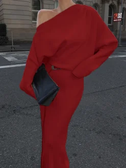 COMMENSE Asymmetrical Off Shoulder Solid Long Sleeve Maxi Dress* Casual Dresses|Work Dresses