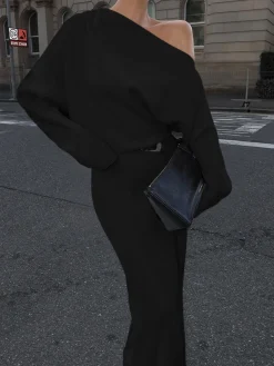 COMMENSE Asymmetrical Off Shoulder Solid Long Sleeve Maxi Dress* Casual Dresses|Work Dresses