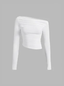 COMMENSE Asymmetrical Off Shoulder Long Sleeve Shirt* Sweater Tops|T-shirts