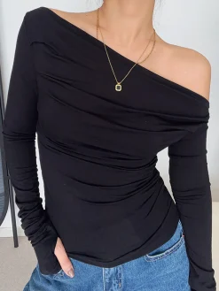 COMMENSE Asymmetrical Off Shoulder Long Sleeve Shirt* Sweater Tops|T-shirts