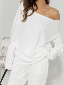 COMMENSE Asymmetrical Off Shoulder Solid Sweatshirt* Sweatshirts & Hoodies|Matching Sets