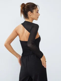 COMMENSE Asymmetrical One Mesh Sleeve Shirt* Sweater Tops|T-shirts