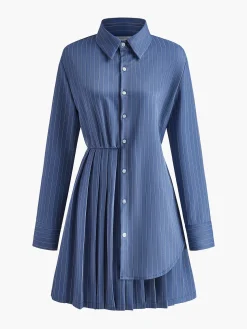 COMMENSE Asymmetrical Pinstripe Pleated Lapel Dress* Casual Dresses|Work Dresses