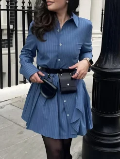 COMMENSE Asymmetrical Pinstripe Pleated Lapel Dress* Casual Dresses|Work Dresses